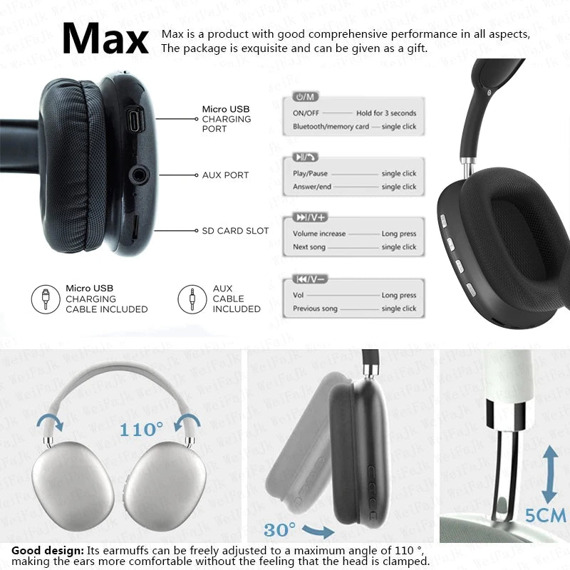 Original P9 Pro Max Wireless Bluetooth Headphones Noise Cancelling Sports Gaming Headset For Airpodding Apple iPhone Headphones